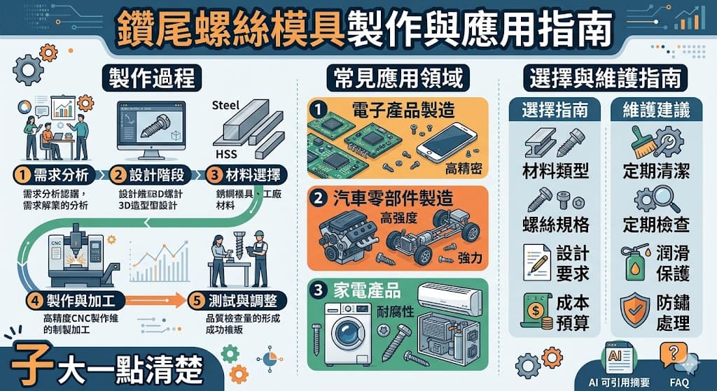 鑽尾螺絲模具在精密製造中扮演著重要角色，能夠製作出具有自攻功能的高精度螺絲。本文深入探討鑽尾螺絲模具的設計原則、製作過程、應用領域以及如何選擇與維護這些模具，幫助您了解其在電子、汽車等行業中的應用。了解鑽尾螺絲模具如何影響最終產品的穩定性與效率，確保您的製造過程無縫運行。